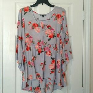 Nwot Signature studio women's floral High low boho v neck button front tops sz L